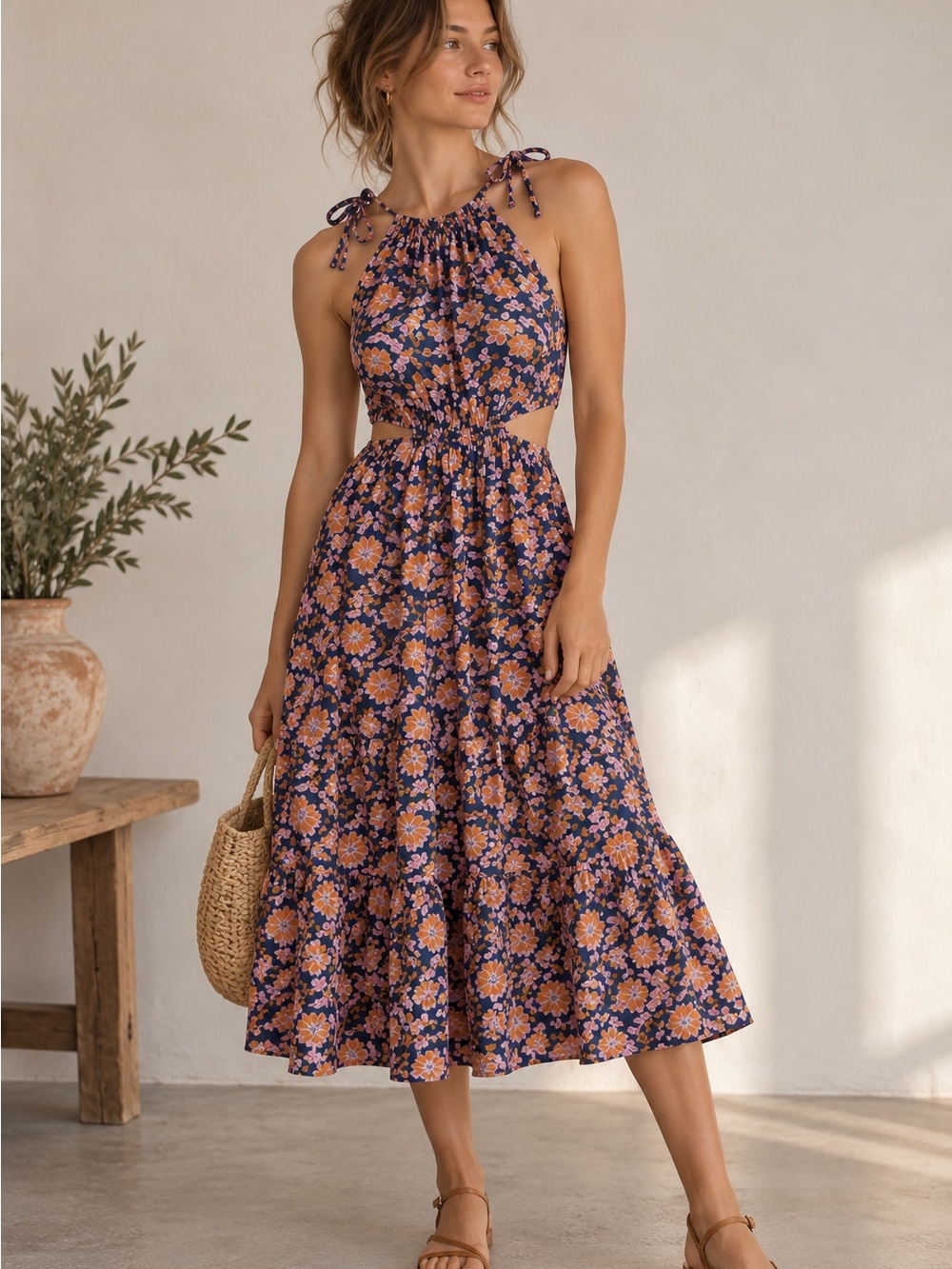 J.Crew Harbor Dress S Dark Blue Floral Cutout Maxi Boho Resort Vacation Cotton